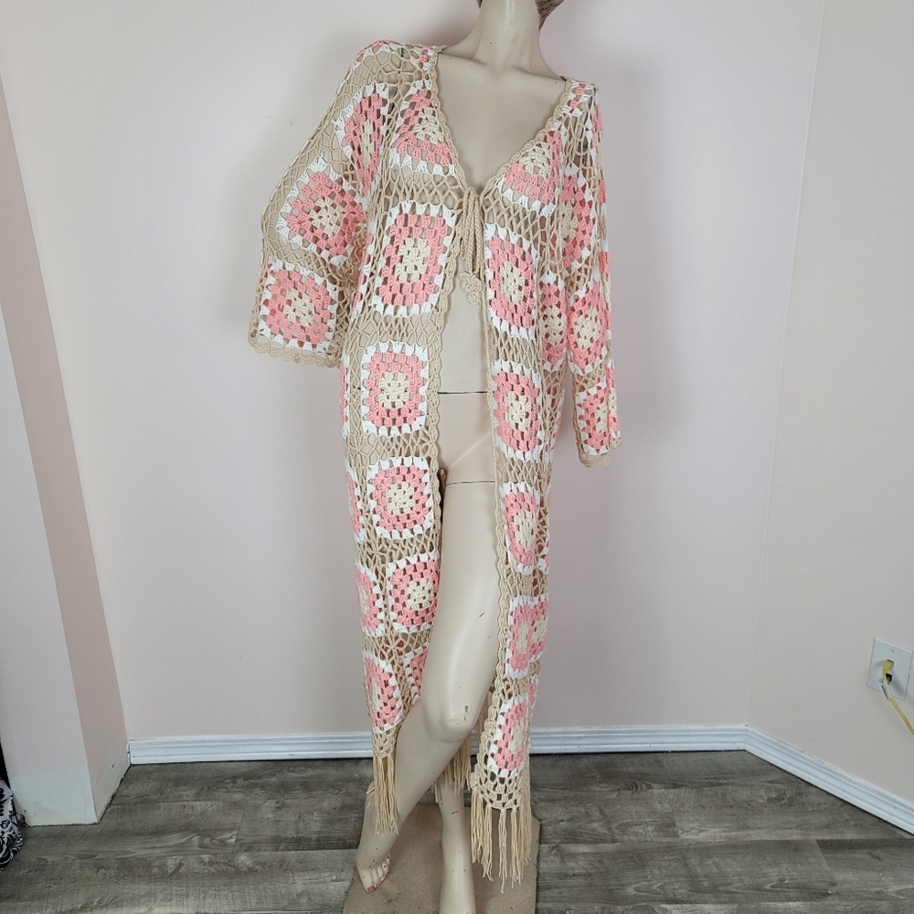 POL Kauai Crochet Long Tie Cardigan In Blush Beige Size Medium Granny Squares - Picture 4 of 14